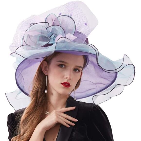 Women Organza Hat Wide Brim Sun Hats Light Purple - Picture 1 of 7